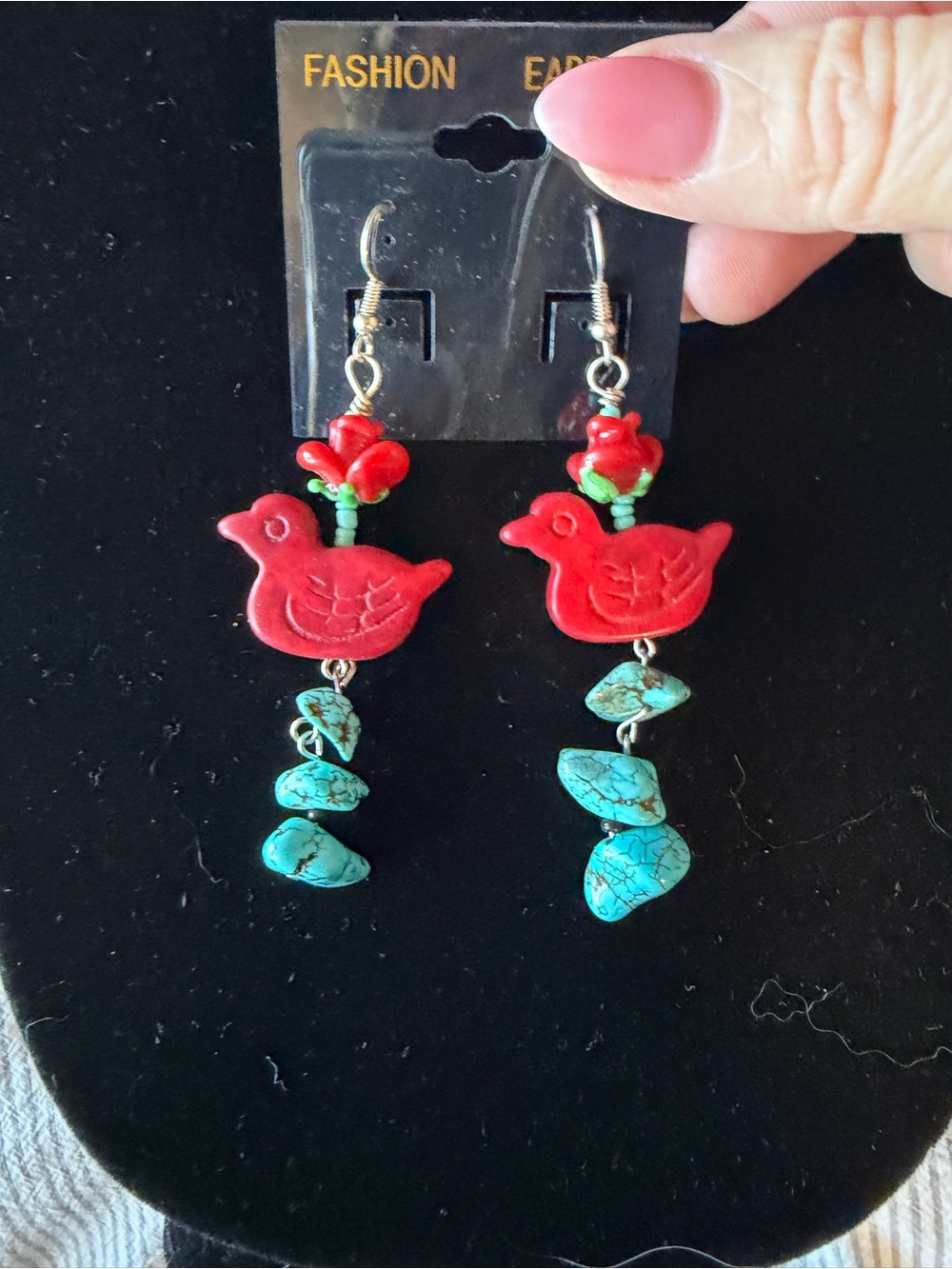 Red Bird & Turquoise Stone Drop Earrings -